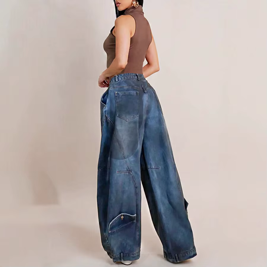 Jean ample vintage en denim pour femme, taille mi-haute, délavé et déchiré, longueur ras du sol, sty