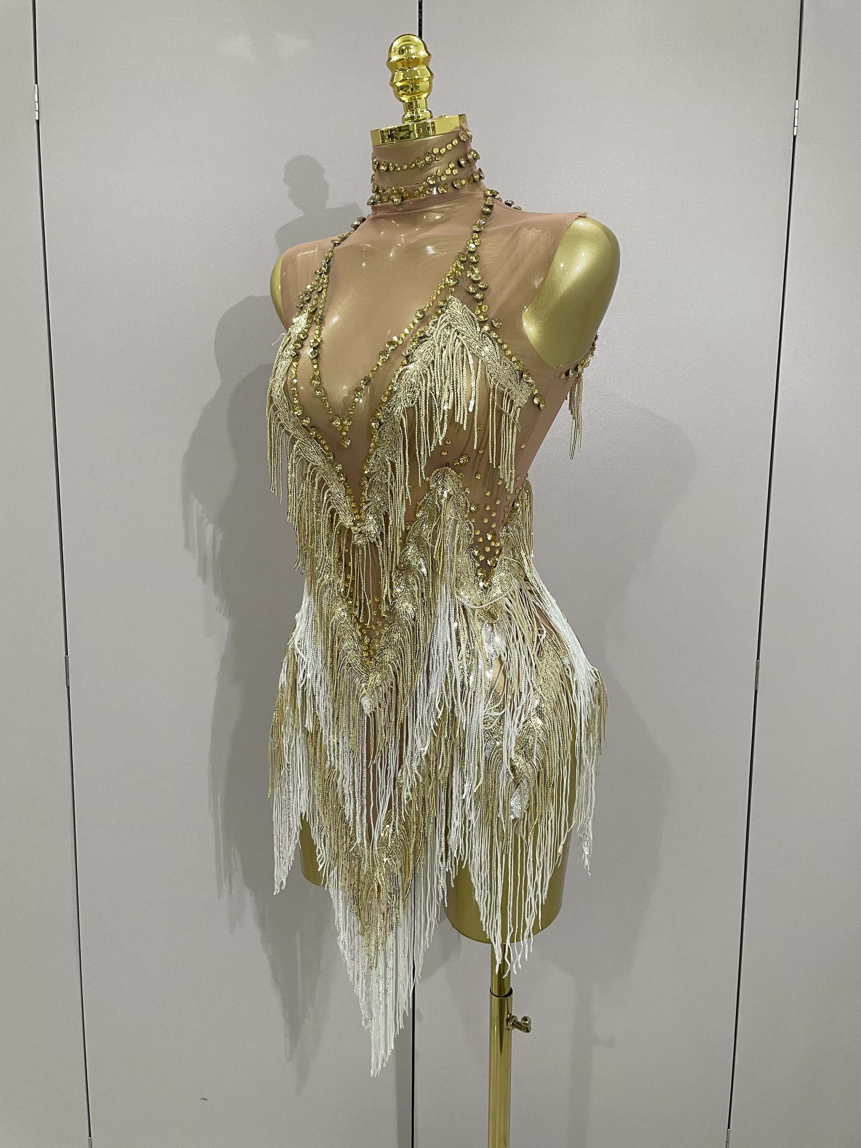 Stock 2025 femmes Sexy maille extensible brillant strass glands Mini robe discothèque chanteur danse