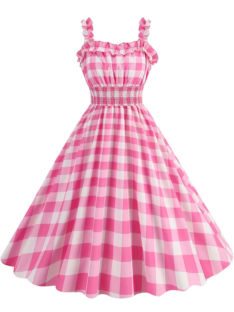 Robe mi-longue froncée à pois roses pour femmes, bretelles spaghetti, vintage, décontracté, imprimé,