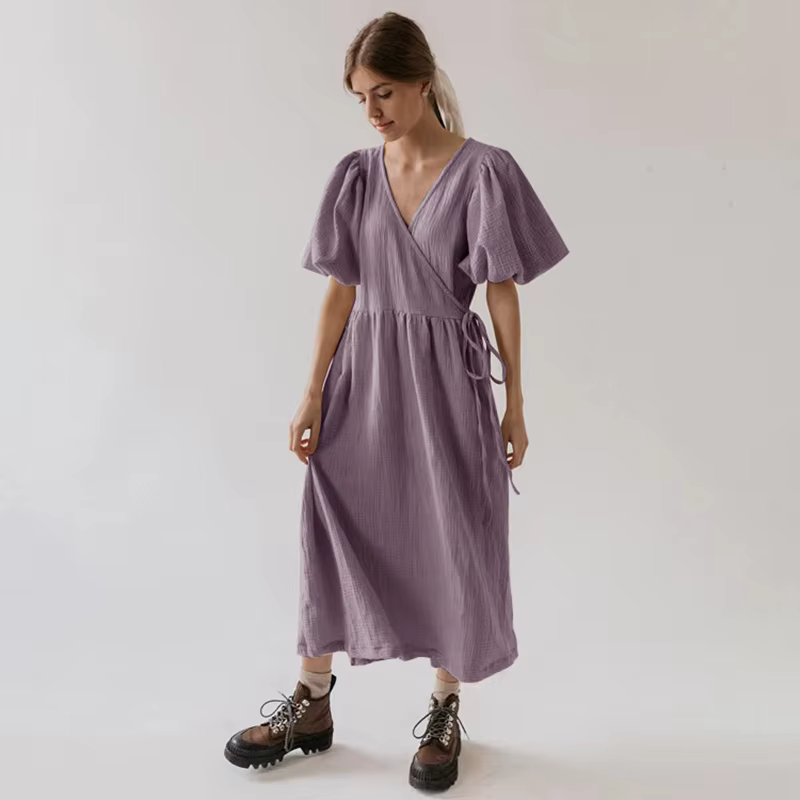 Robe longue vintage à manches bouffantes pour femme, mousseline, pansement, gaze, col en V, bandage,