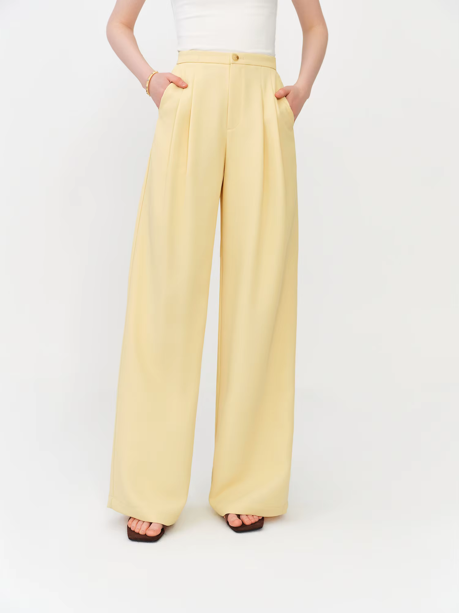 Pantalon droit taille haute pour femme FSLE 2026 avec taille élastique - Pantalon décontracté fluide