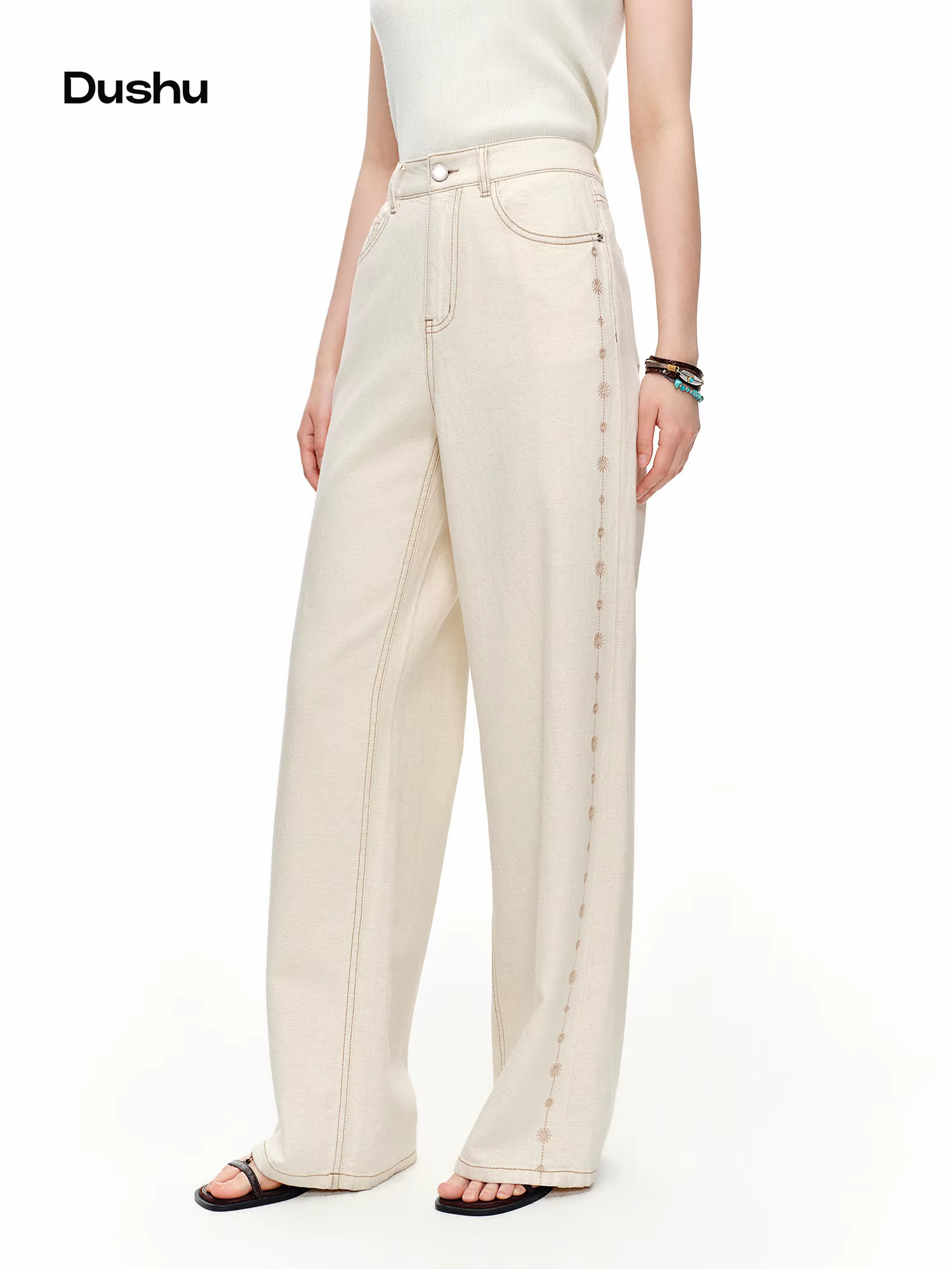 DUSHU 2024 – Jean droit brodé en mélange de lin blanc pour femme – Pantalon élégant et décontracté p