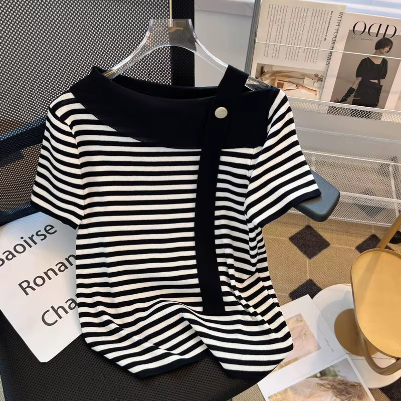 Été Sexy pull femmes tricot t-shirts hauts mode rayé élégant Chic t-shirts pull à manches courtes pu