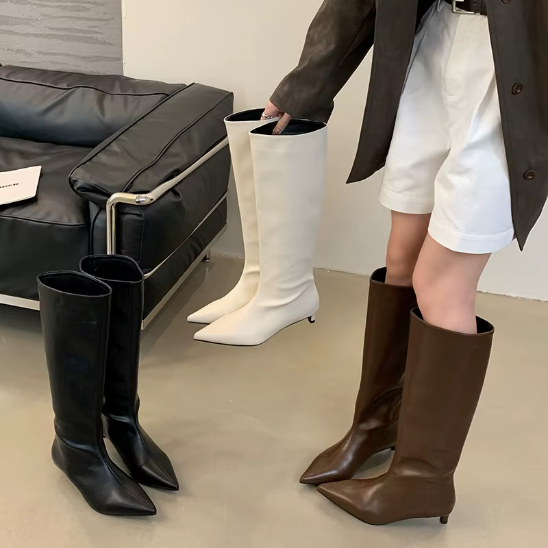 Aneikeh 2026 mode Sexy pointu talons bas genou bottes longues femmes printemps/automne PU couture fê