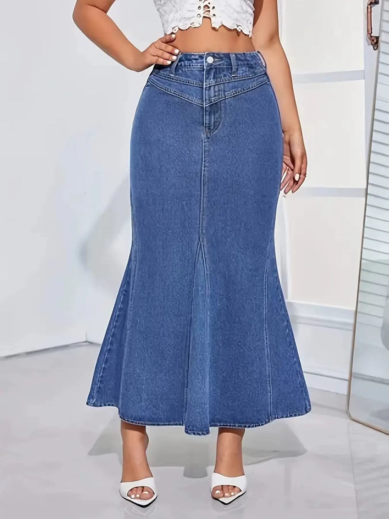 Jupe queue de poisson en jean rétro pour femmes, coupe ajustée, taille moyenne, élastique, demi-jupe