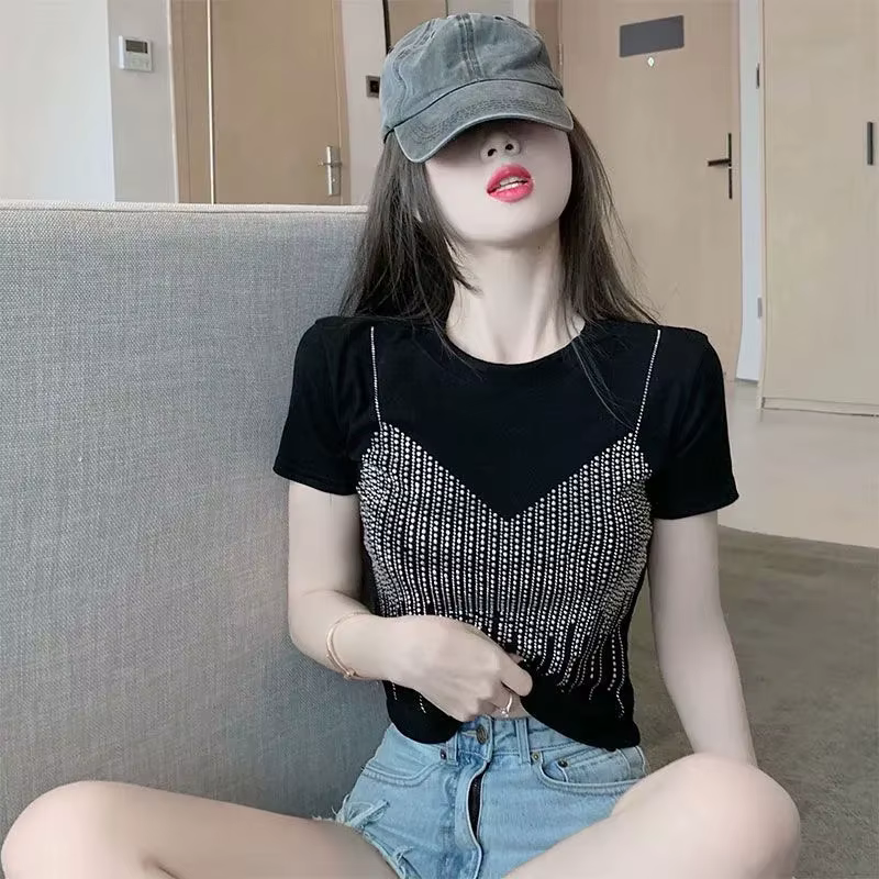 T-shirt à manches courtes pour femmes, 100% coton, coréen, chic, mince, col rond, solide, haut court