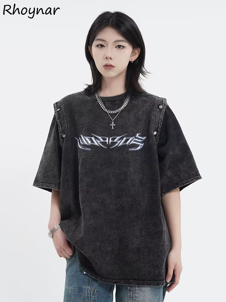 Économie à manches perfectionnées pour femmes, style américain, mode rétro, baggy délavé, décontract
