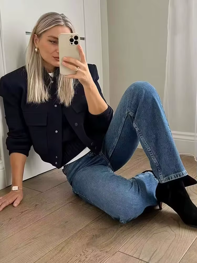 Femmes mode avec poches Bomber veste manteaux Vintage à manches longues bouton avant décontracté vêt