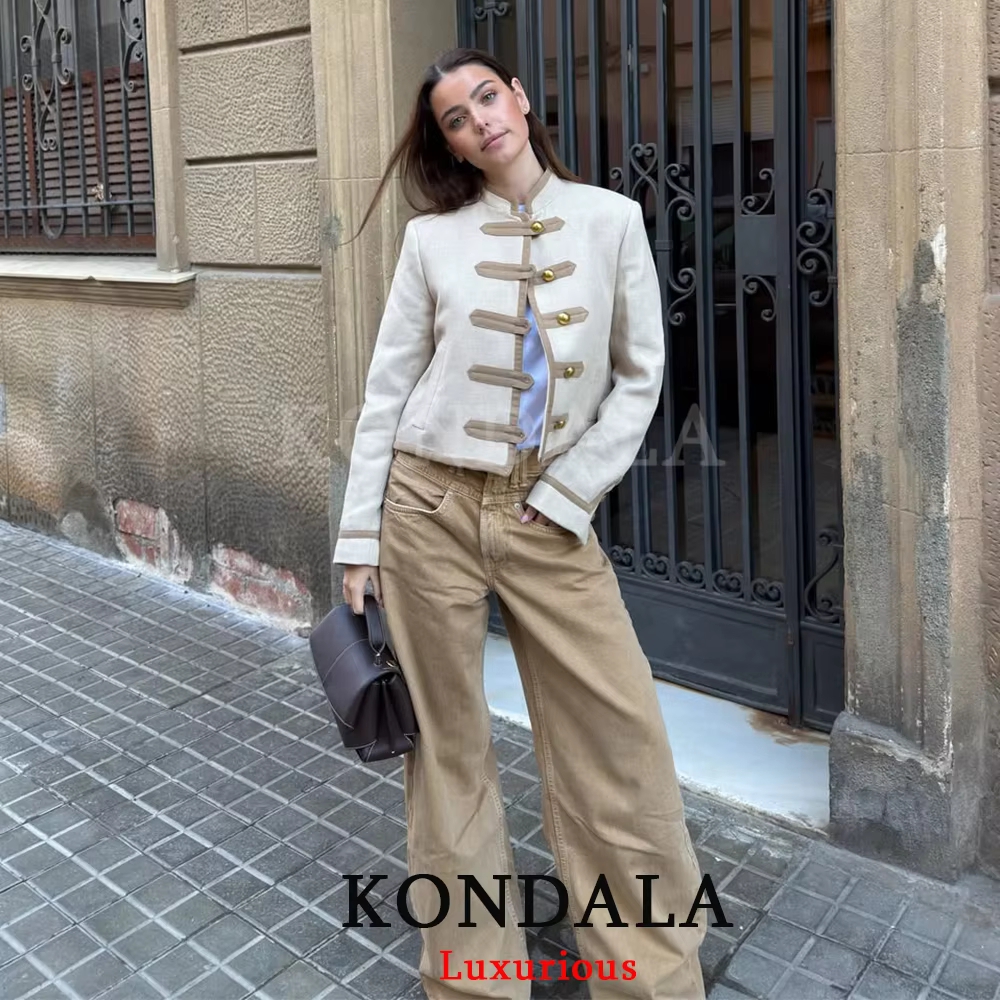 KONDALA – Nouveauté Chic Décontracté : Vestes Courtes Kaki à Poches pour Femme, Manches Longues, Col