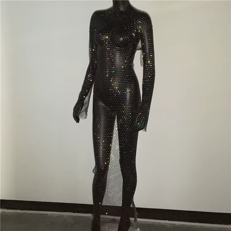 Robe en résille à grille de strass brillants, manches longues, col rond, fente latérale creuse, Sexy