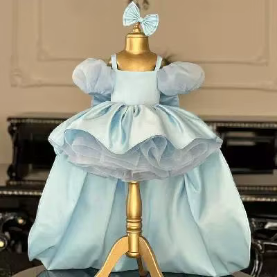 Robe à manches bouffantes pour filles, personnalisée, élégante et exquise, en satin orné, vêtements