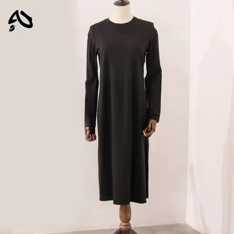 Robe longue décontractée en coton pour femme, ample, à manches longues, col rond, couleur unie, styl