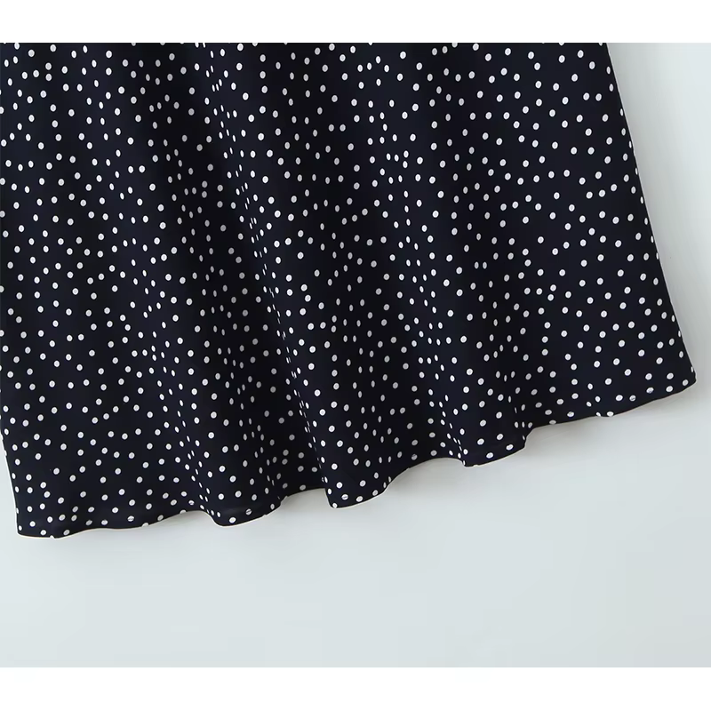 YENKYE-Robe longue bleu marine à pois pour femmes, bordure en dentelle, col en V, manches courtes, l