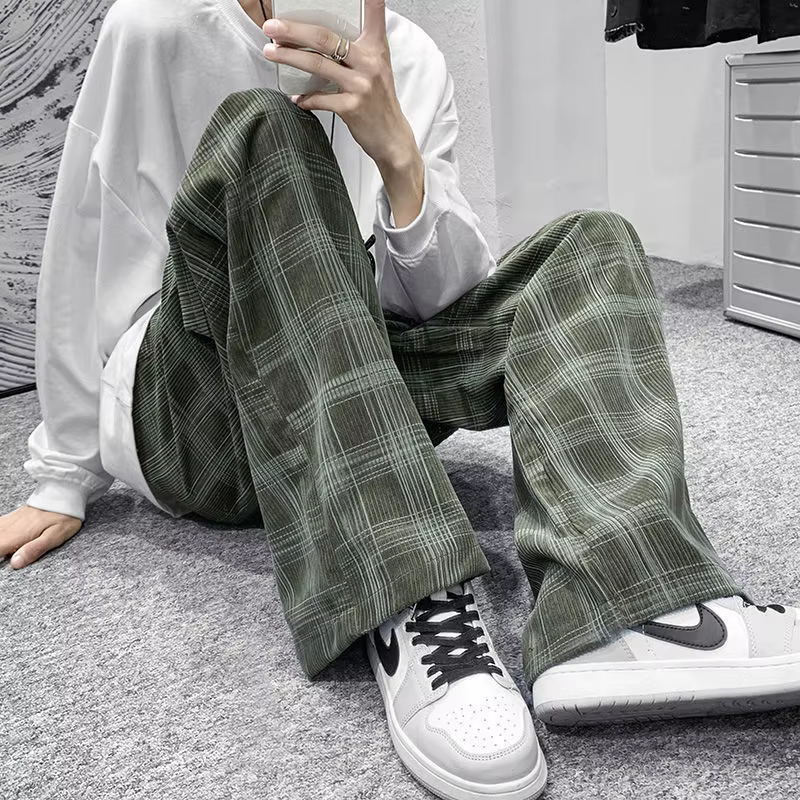 Printemps été velours côtelé Vintage Plaid pantalon hommes Streetwear jambe large Baggy pantalon Har