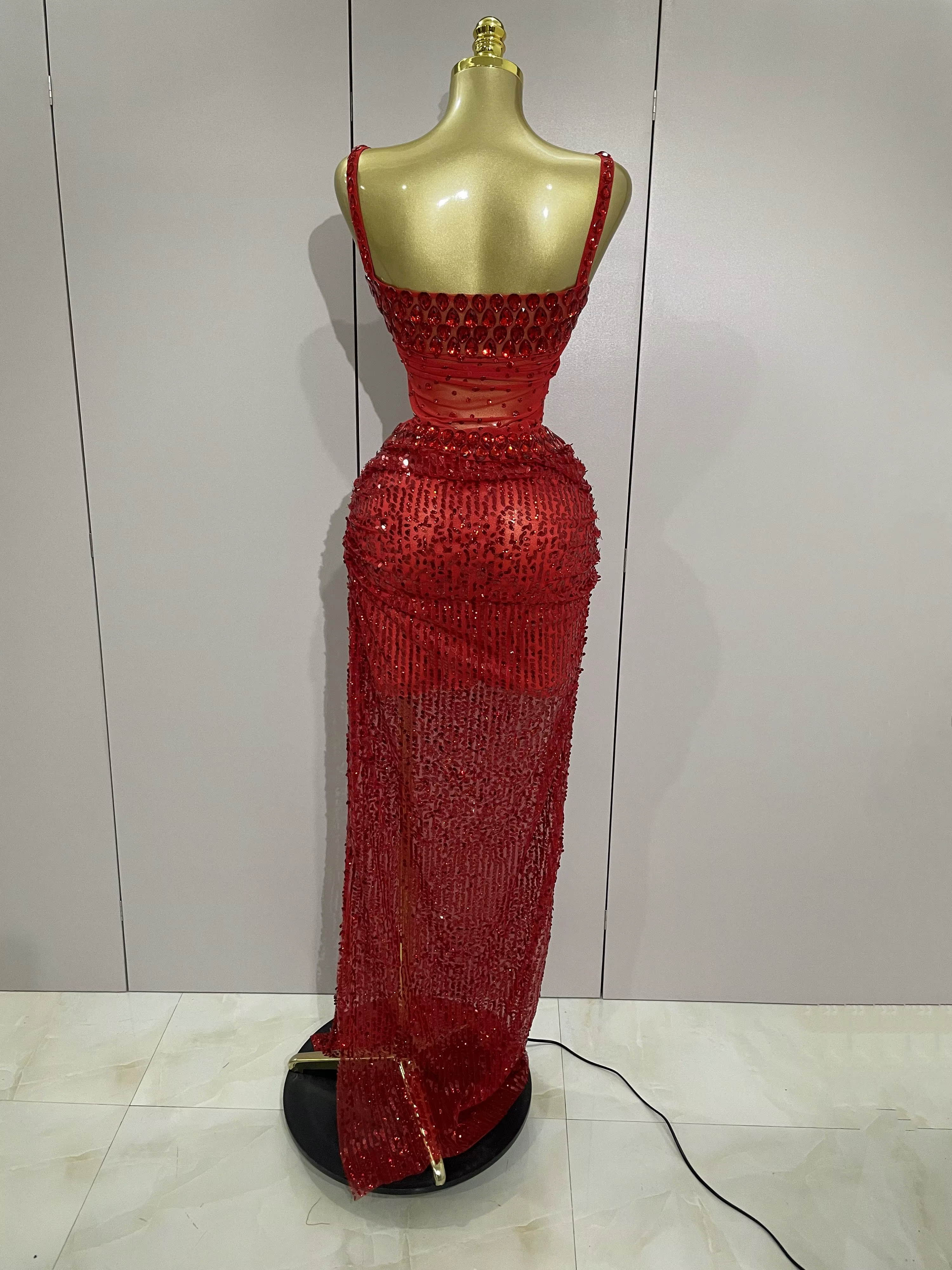 Robe longue 2 pièces transparente et sexy avec strass rouges scintillants et paillettes, pour femmes