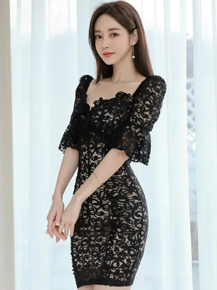 Mini robe fourreau en dentelle noire pour femme, col frontal, nœud, manches évasées, taille haute, r