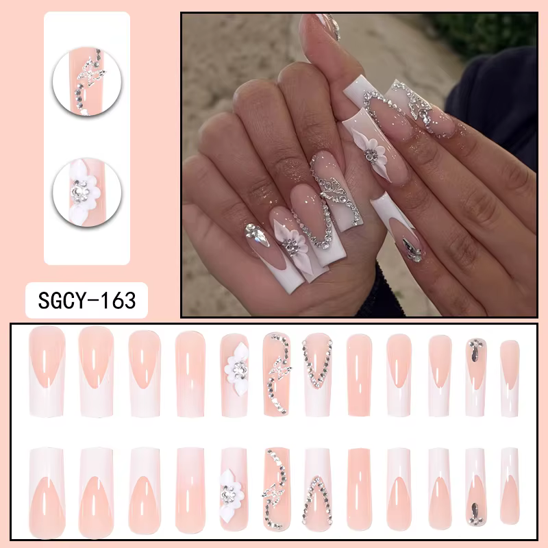 24 cerceaux longs avec motifs français, fleurs, points papillon, faux ongles brillants en diamant, à