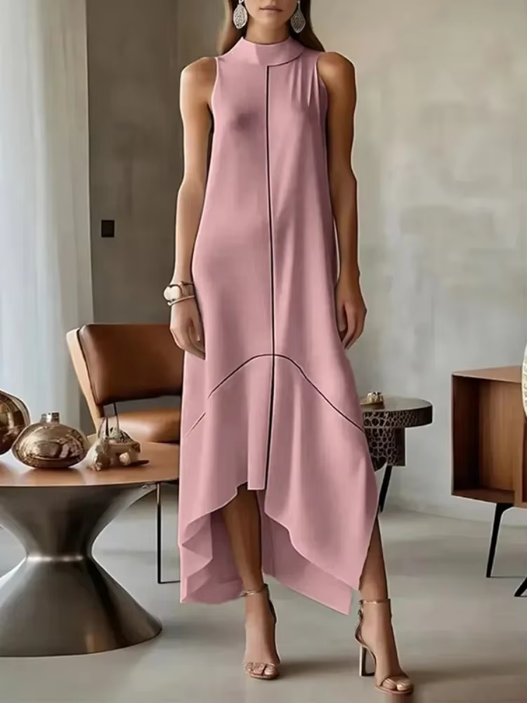 UOOZEE 2025 nouveau bureau urbain femme formel col haut Maxi robes sans manches asymétrique élégant 