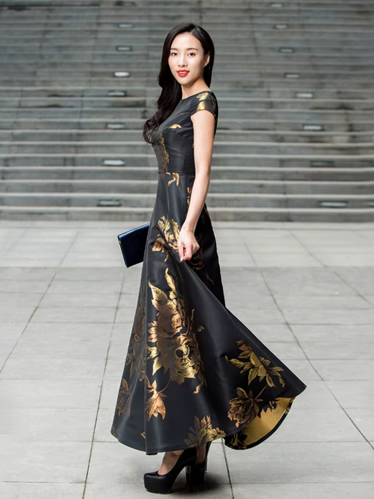 Robe Jacquard Vintage Élégante pour Femmes avec une Silhouette Maxi Évasée Cintrée à la Taille, Idéa