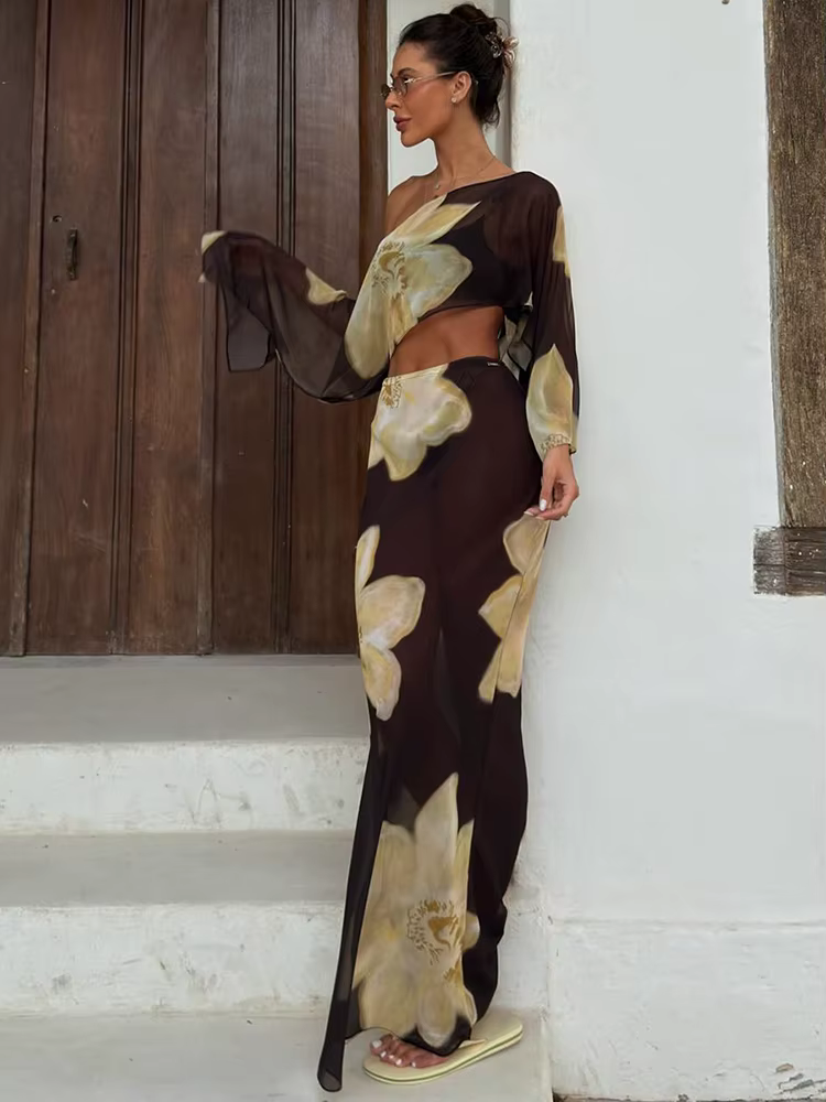 Kliou – ensemble 2 pièces imprimé Floral pour femme, col incliné, manches longues, nombril exposé +