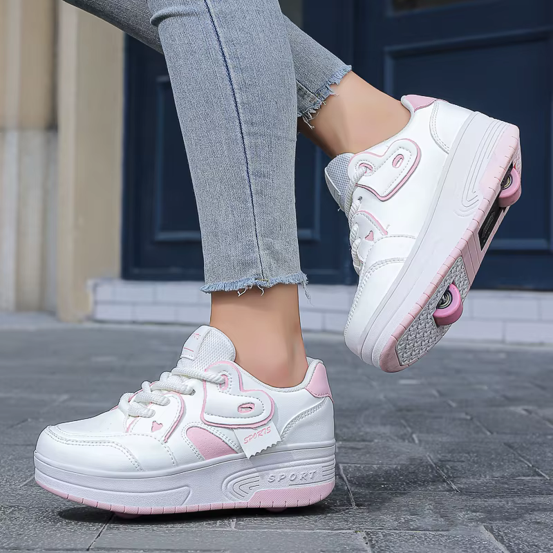 Chaussures de marche respirantes à lacets pour filles, patins de sport rétractables à deux roues pou