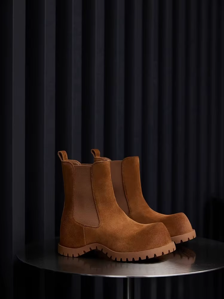 Bottines en daim marron et noir à bout rond large, à enfiler, avec sangle élastique, tendance automn