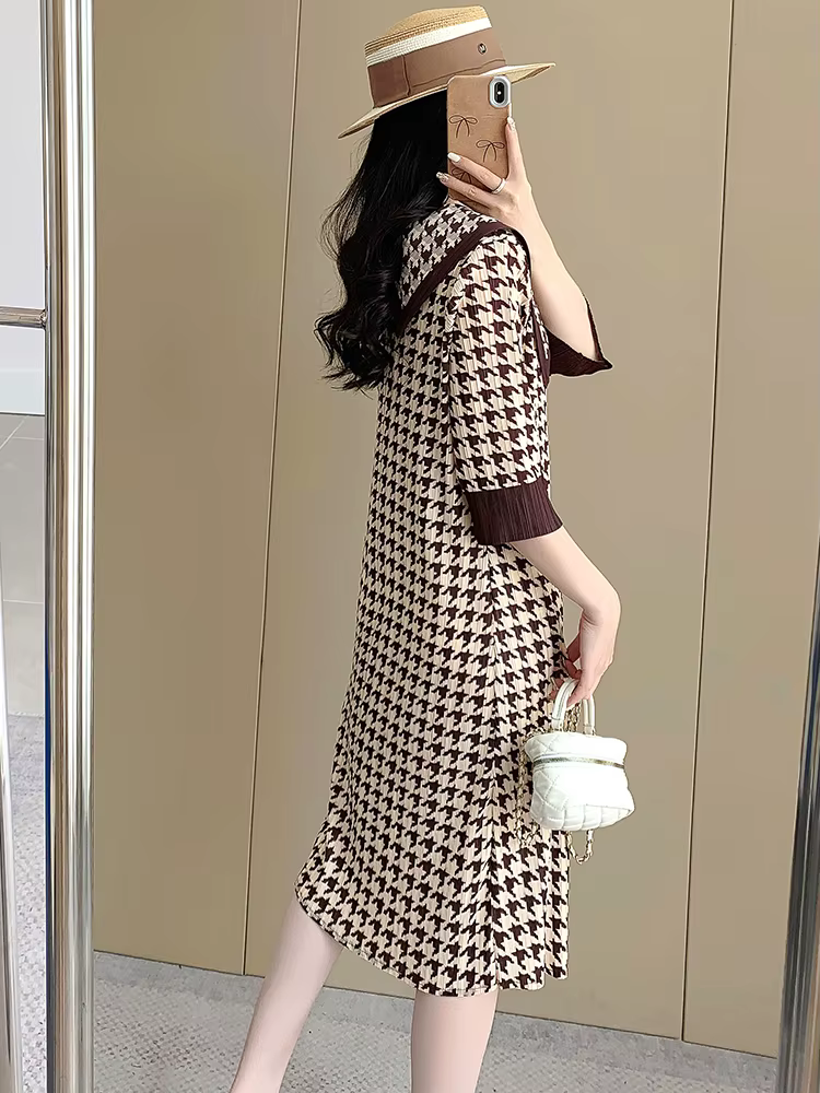 Miyake – robe pliée à carreaux rétro pour femmes, nouvelle robe Maix haut de gamme, âge réduit, col 