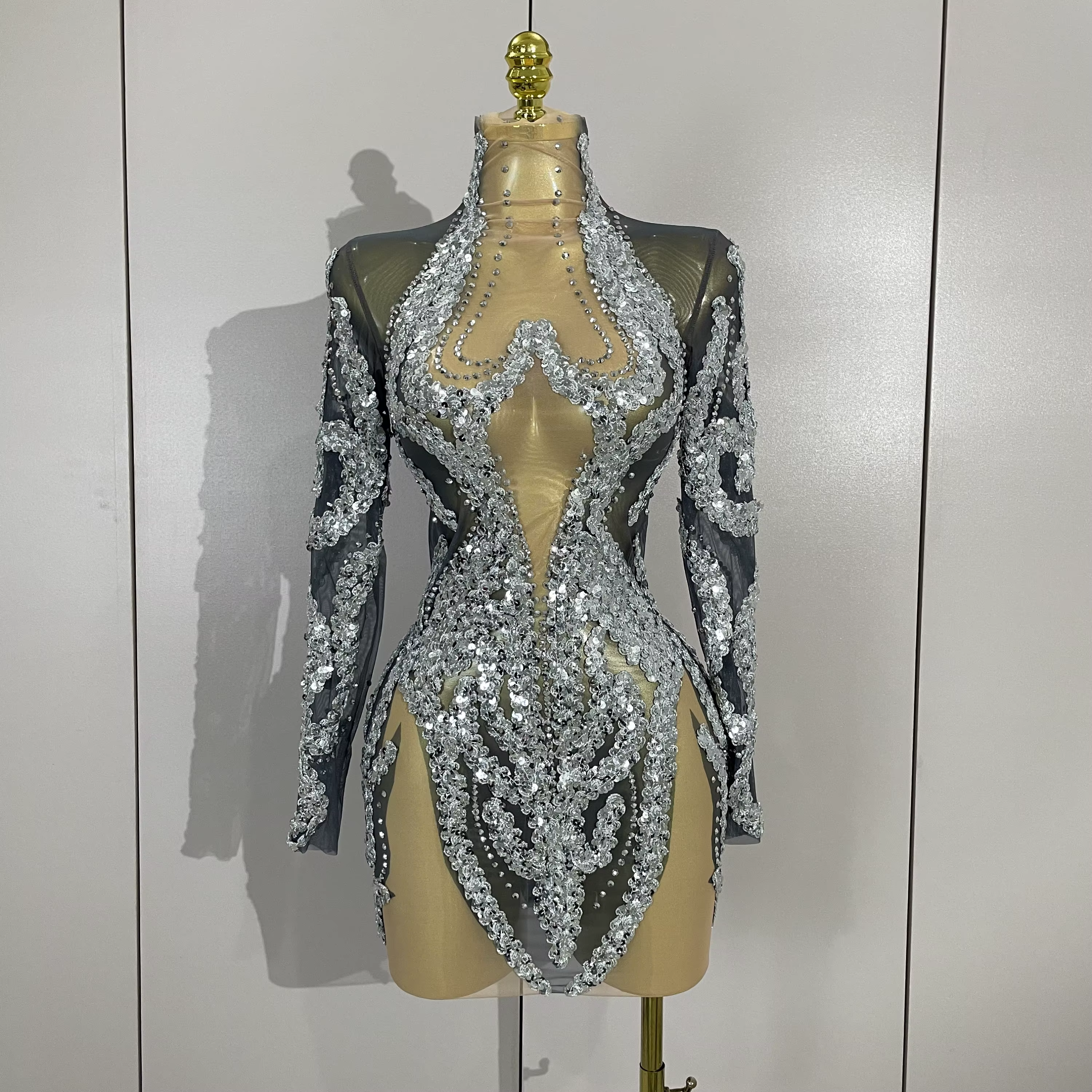STOCK – tenue de scène Sexy en maille, manches longues, strass scintillants, Mini robe, fête d'anniv