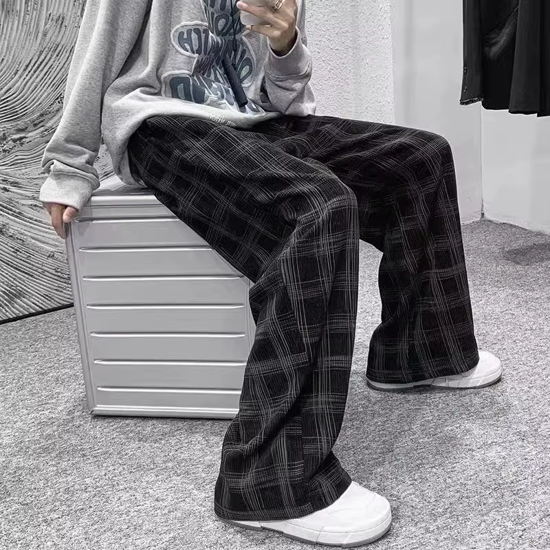 Printemps été velours côtelé Vintage Plaid pantalon hommes Streetwear jambe large Baggy pantalon Har