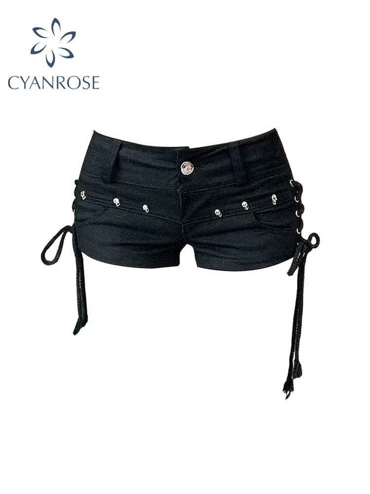 Short en jean gothique noir pour femme, short en jean taille basse, esthétique vintage coréenne, Har