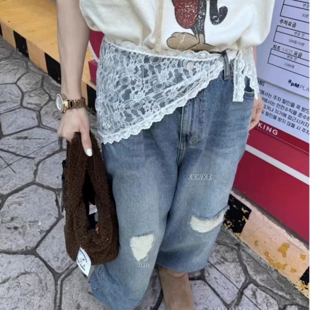 Jeans pantalons décor brodé fleur dentelle Mini jupe irrégulière voir à travers des jupes froncées t
