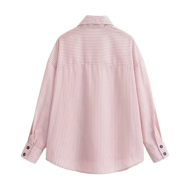 Chemise Femme Printemps 2026 Nouveau Style Rose Rayée Manches Longues Col Montant Boutonnage Simple 