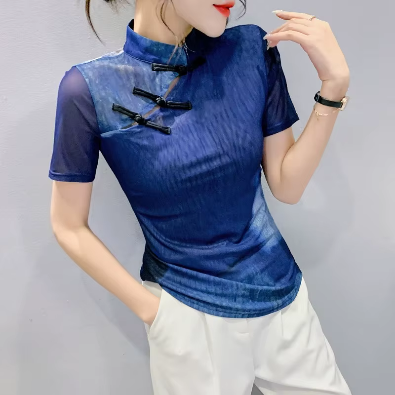 Économie en maille fine à boutons vintage pour femmes, t-shirts extensibles à manches courtes, t-shi