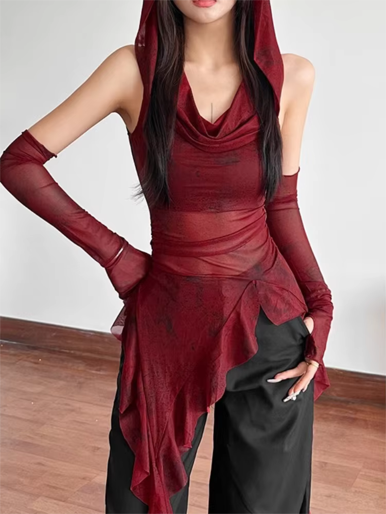 Haut transparent en maille rouge, Streetwear, T-shirt à capuche, manches longues à volants irrégulie