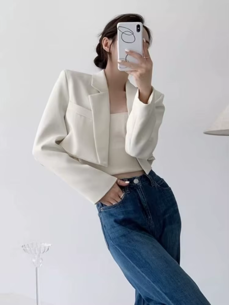 Mode femmes Blazer court blanc vestes de base haut élégant solide à manches longues ouvert avant man