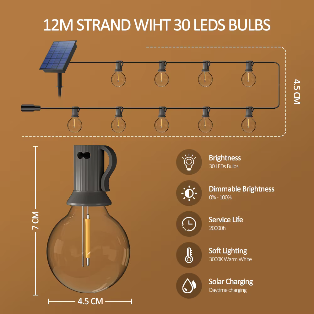 Guirxiété Lumineuse Solaire G40. Lumières Extérieures avec Ampoules LED Incassables, Résistantes aux