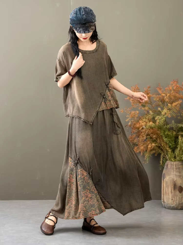 AmaxluluE 2025 costumes d'été femmes chinois 2 pièces ensembles décontracté imprimé Denim tenues de 