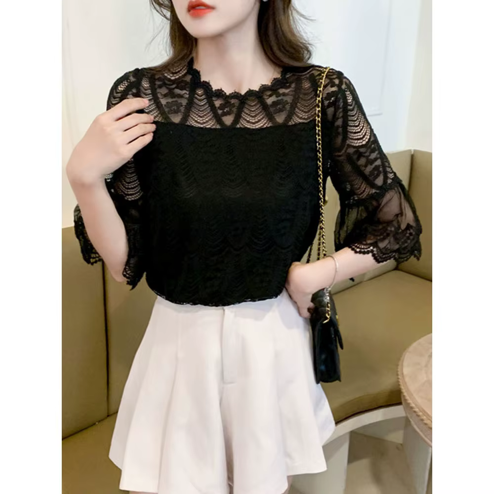 Chemisier en dentelle à fleurs avec doublure pour femme, chemise évidée, manches évasées, col rond, 