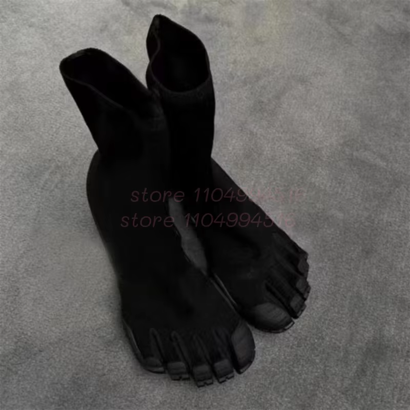 Femmes Fuchsia daim cinq doigts bottes en cuir noir bout fendu talon carré mi-mollet bottes sexy mod