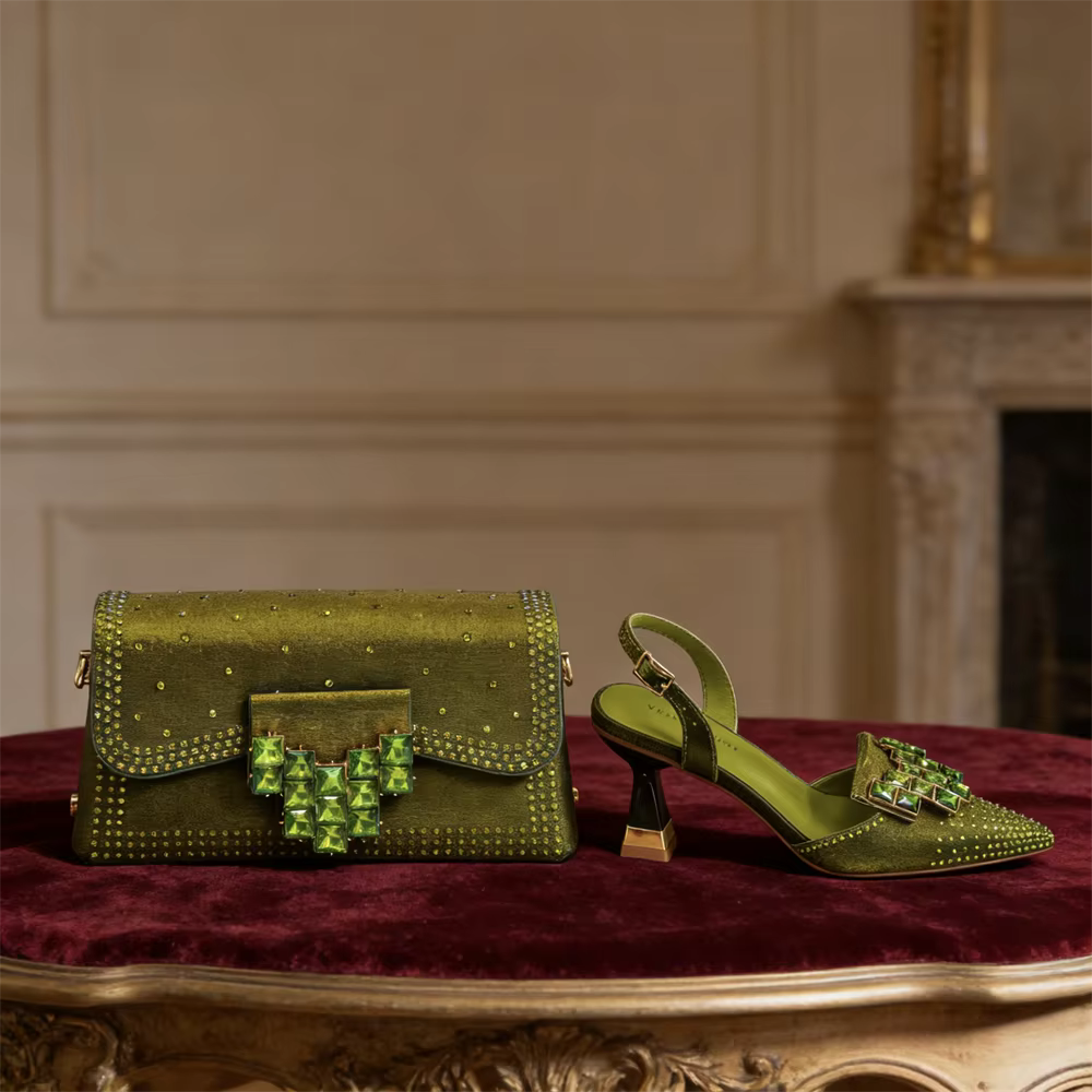 Ensemble de talons hauts pointus et sac assorti pour femmes, design italien 2026, vert olive, strass