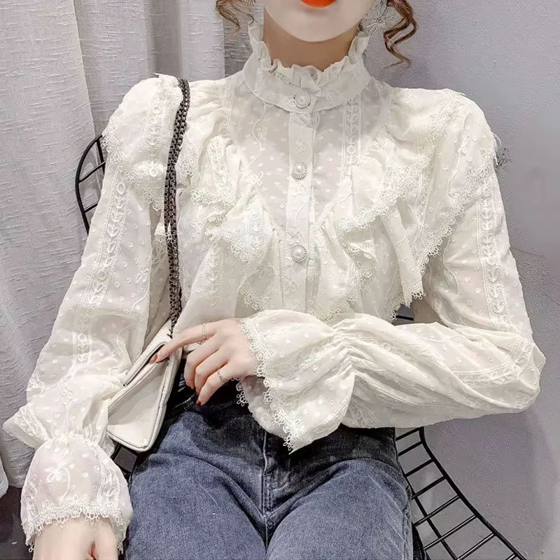 Manches longues lâche printemps mode bouton chemise blanche élégant col montant plissé hauts décontr