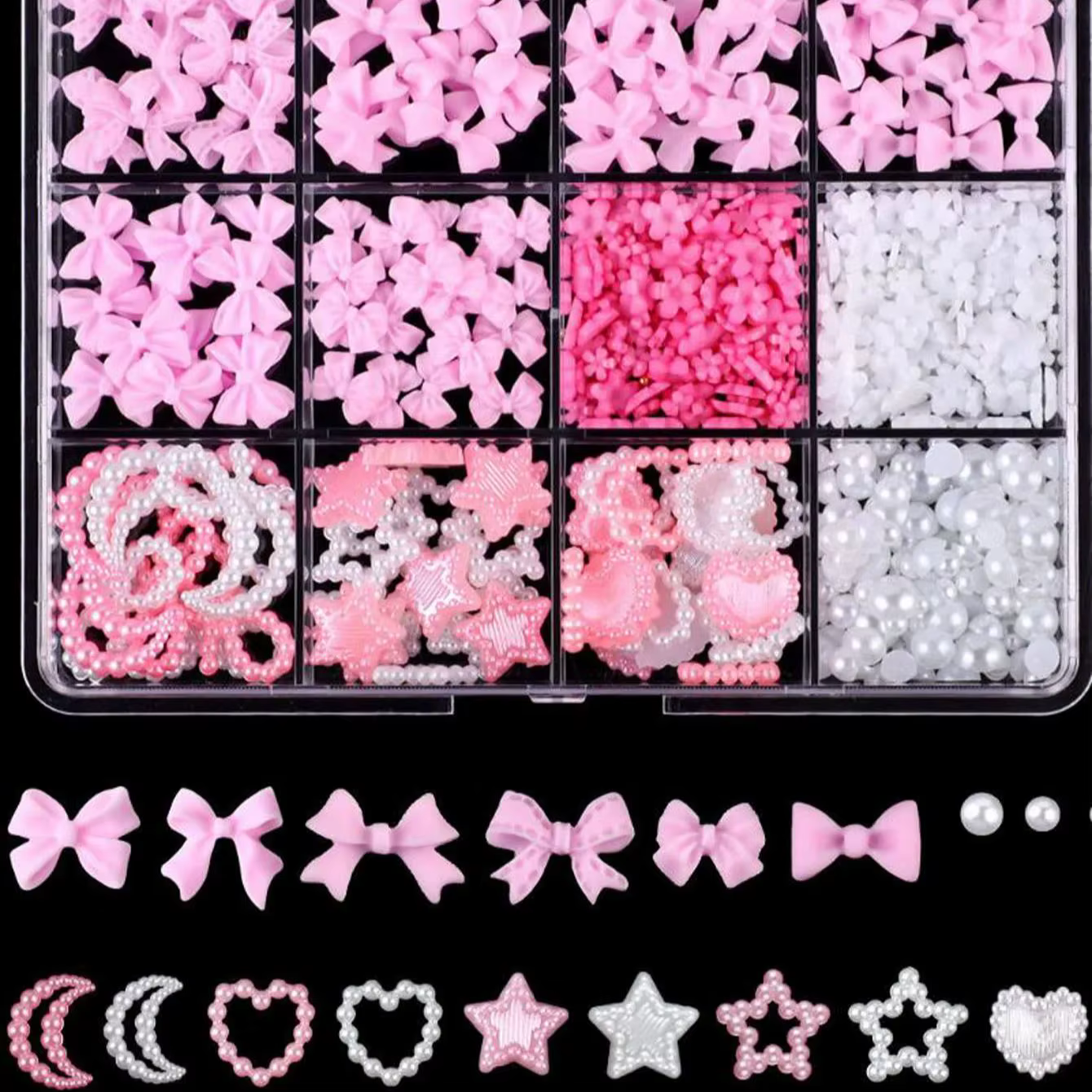 12 grilles 3D résine mixte arc/étoile/lune breloques pour ongles ruban, fleur, perle simulée Nail Ar