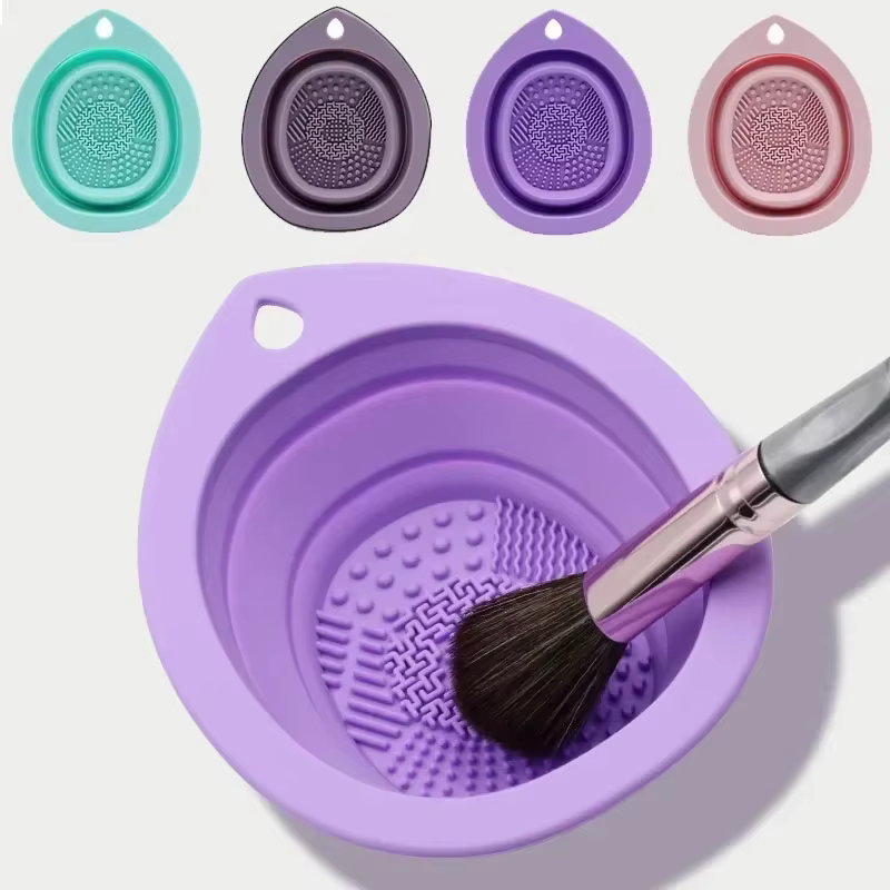 Nettoyeur de pinceaux de maquillage en Silicone, bol de nettoyage de bouffantes de poudre pliante, p