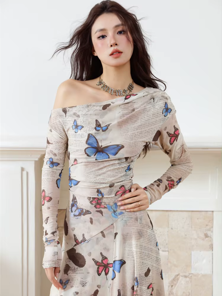 Contest ERART-Robe mi-longue en maille avec lettre papillon pour femme, imprimé Off The Initiated, m