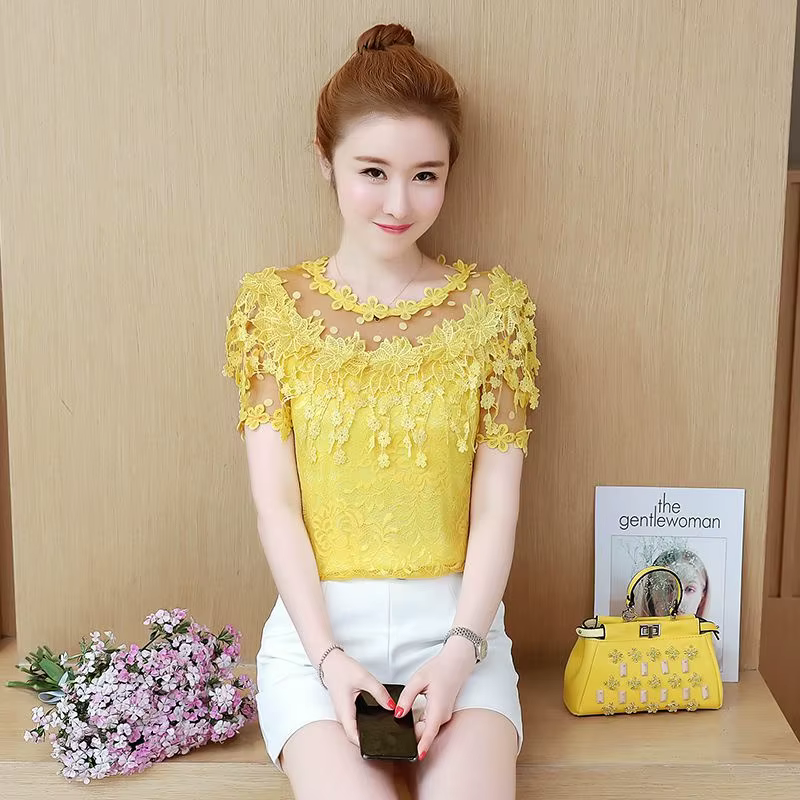 Été Version coréenne T-Shirt femmes nouvelle chemise en dentelle à manches courtes crochet creux dou