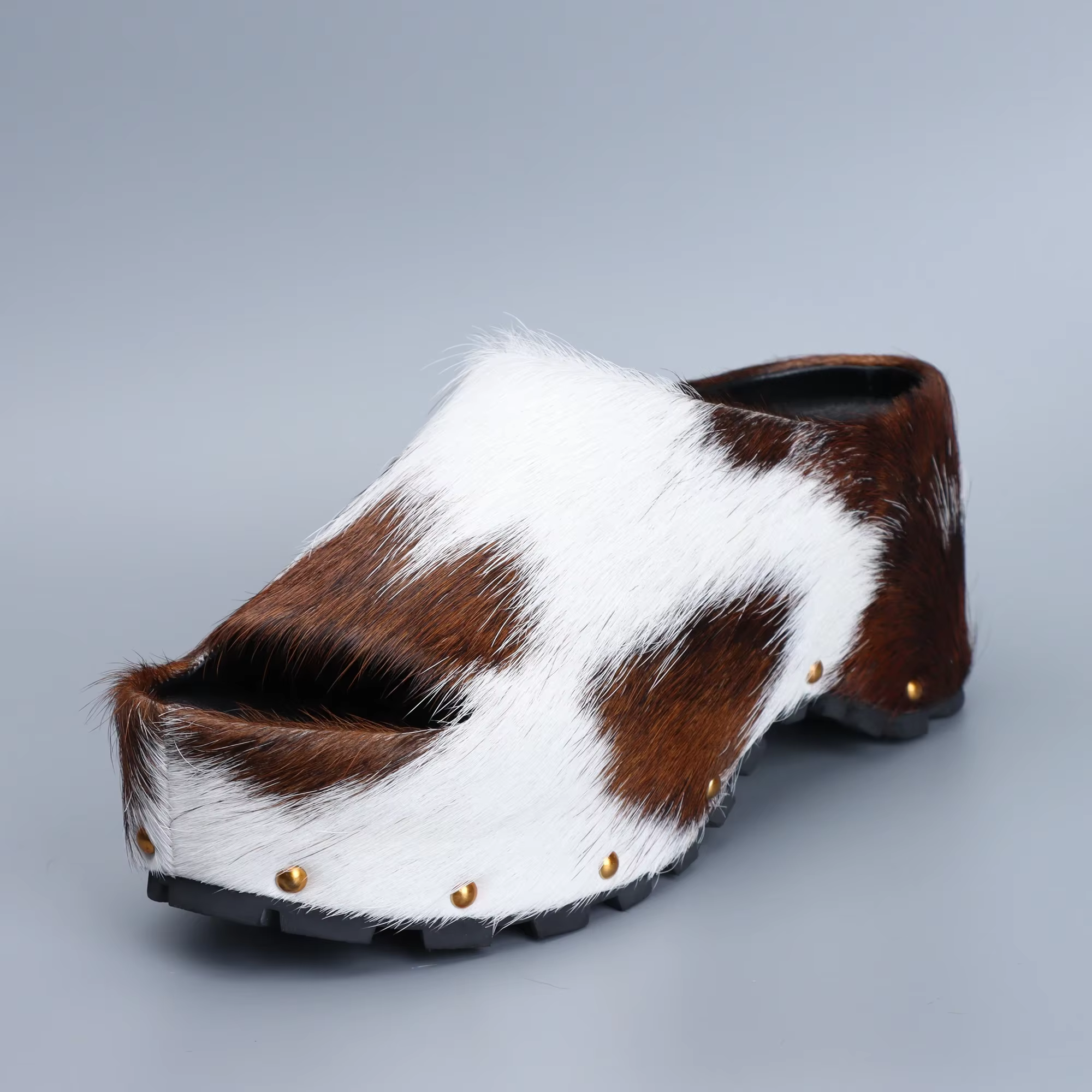 Mules à plateforme de luxe pour femmes, chaussures de styliste, en poils de veau véritable, doublées