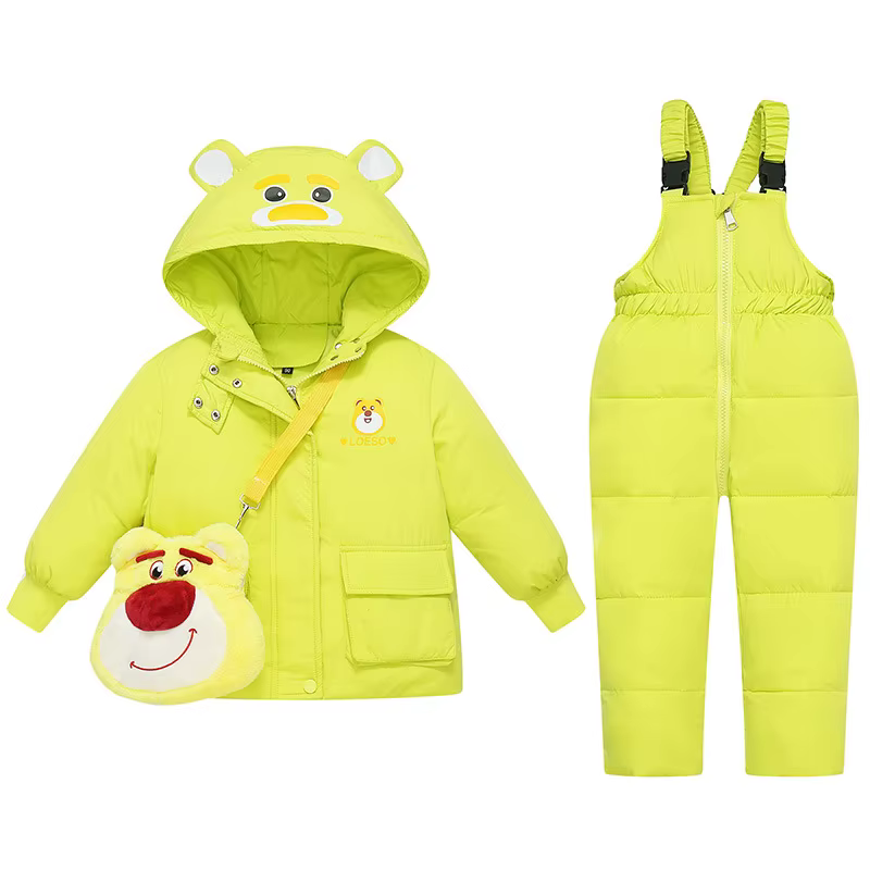 Doudoune à capuche ours dessin animé pour enfants, ensemble de vêtements pour filles, salopette pour
