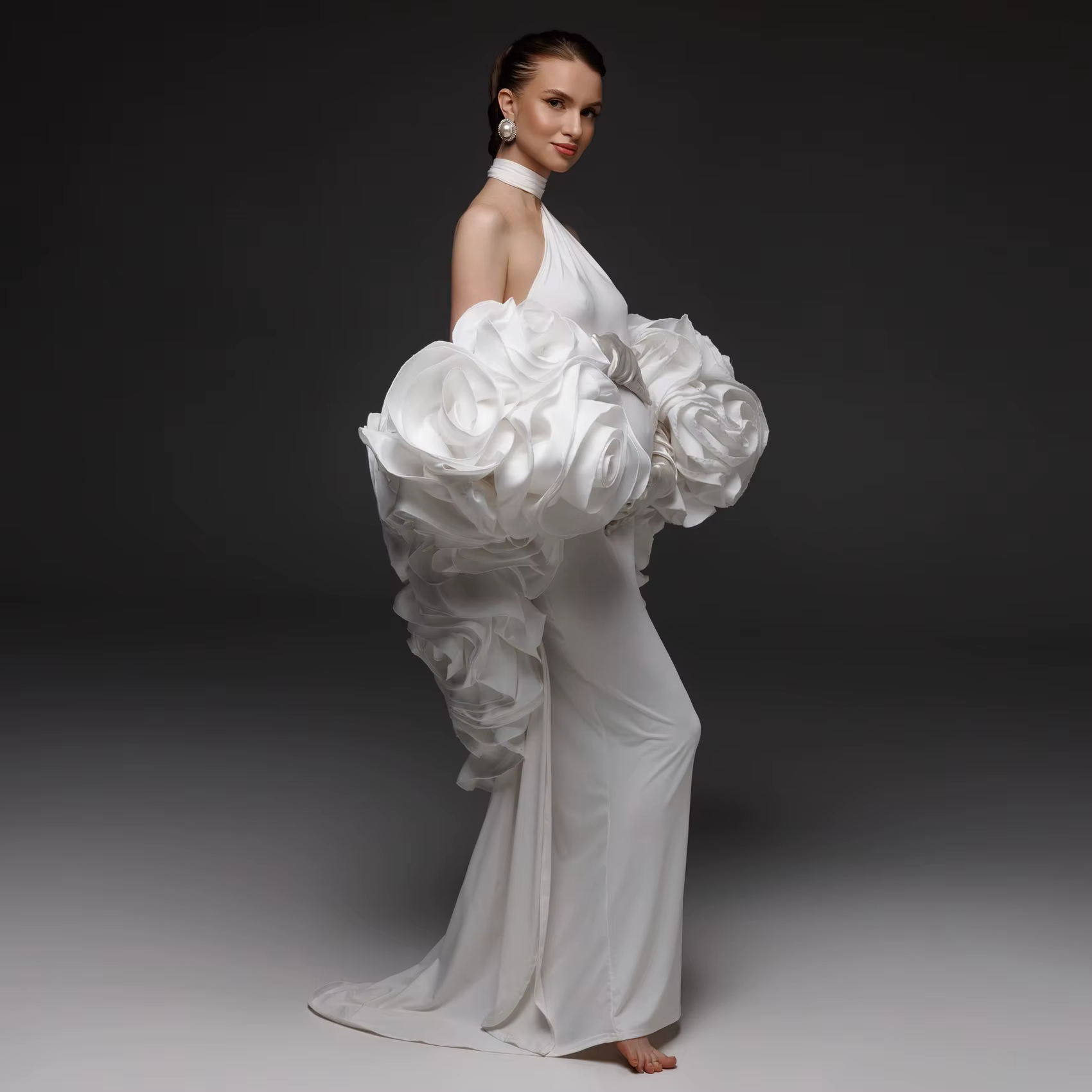 Robe de maternité élégante ivoire avec cape pour séance photo, col halter, 2 pièces, robe de materni