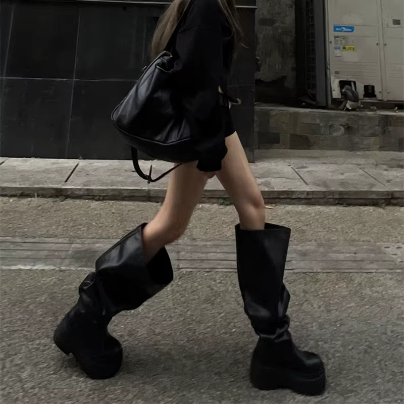 Bottes hautes au genou pour femmes, chaussons longs plissés à enfiler, talons carrés, chaussures pou
