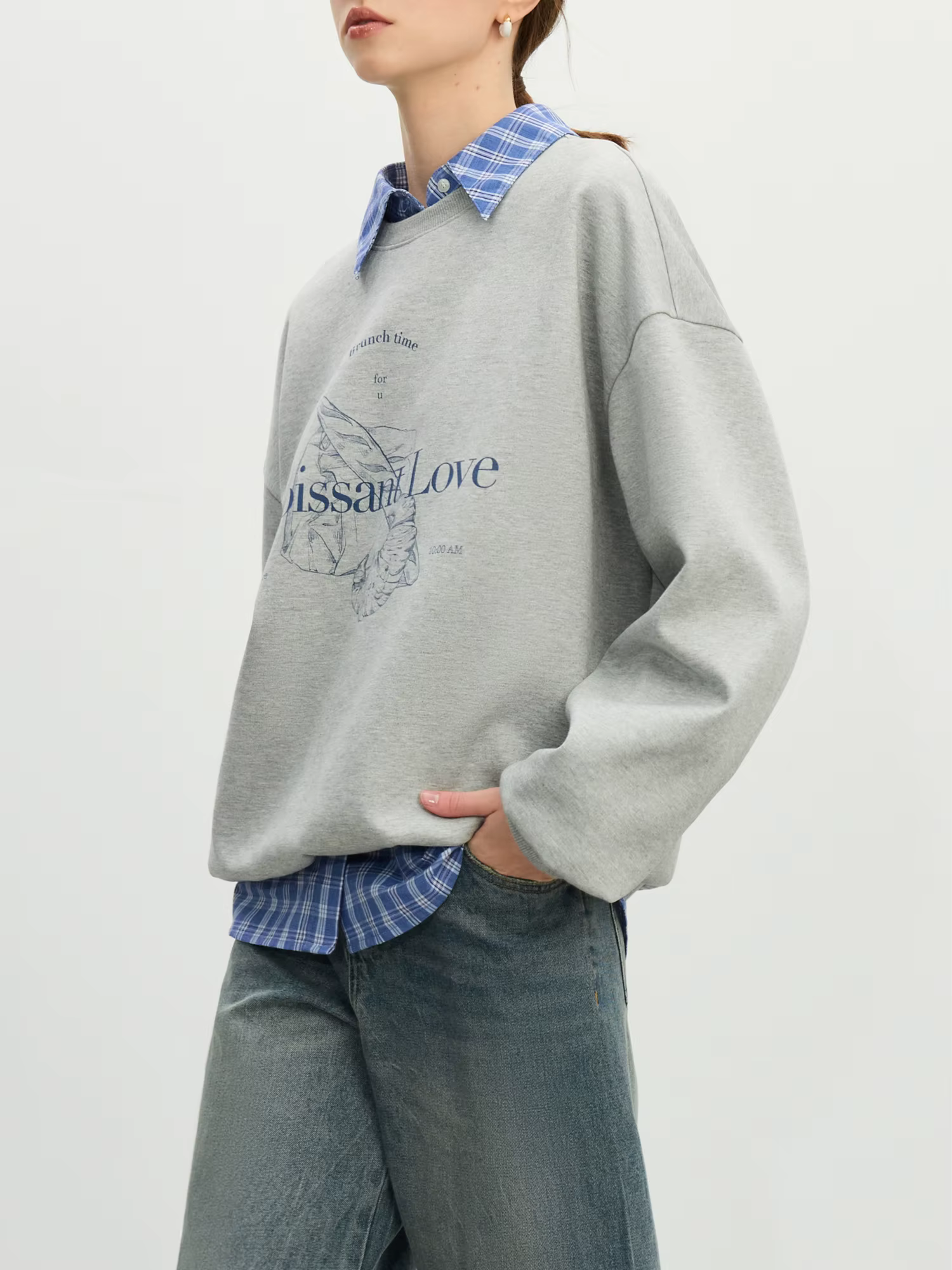 FSLE-Sweat-shirt à col rond sans capuche pour femme, haut décontracté tout match, tenues chics, gris